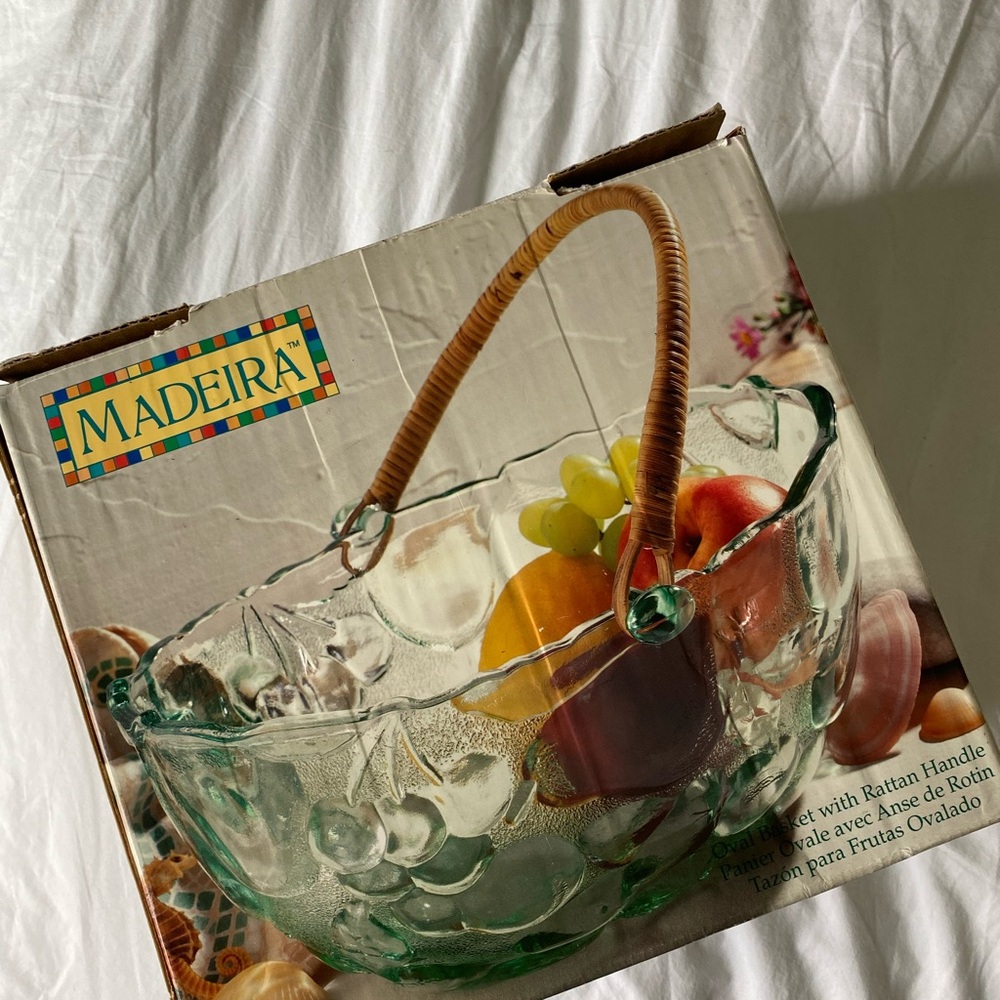 Green Glass Fruit Bowl with Rattan Handle